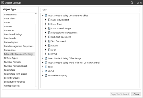 Extensible Document Settings selected with Insert Component Using Document Variable open